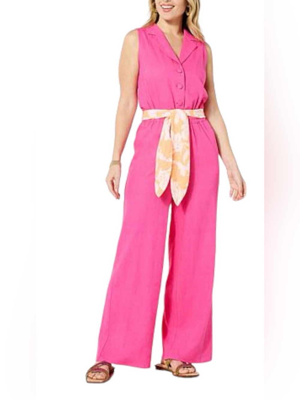 Giuliana Linen-Blend Wide Leg Jumpsuit  with Belt Ptp 26 inseam 32